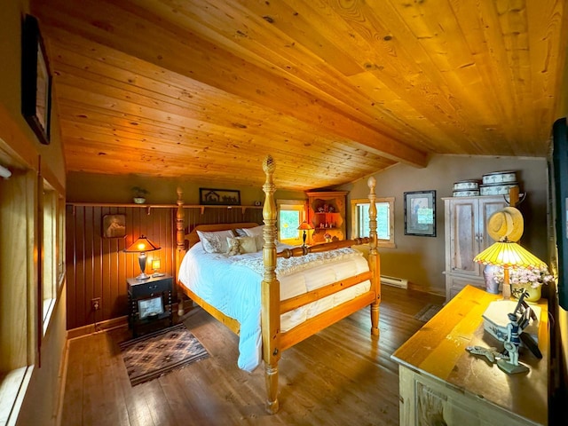 bedroom featuring lofted ceiling with beams, wood-type flooring, wooden walls, baseboard heating, and wooden ceiling