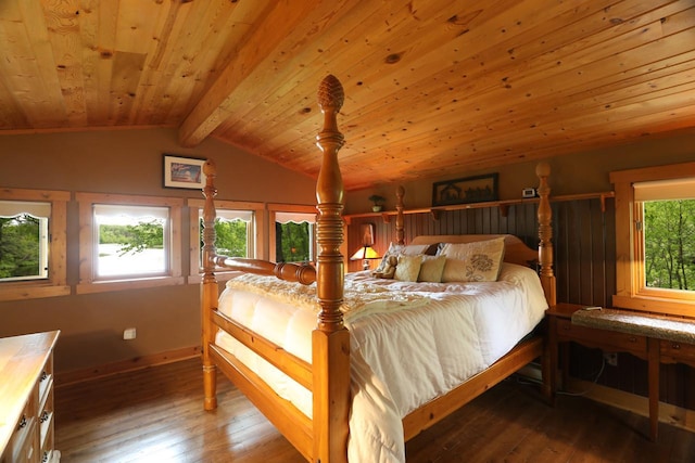 bedroom with wooden ceiling, wood-type flooring, and lofted ceiling with beams