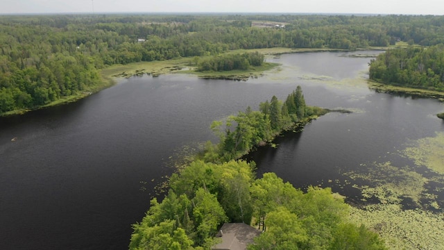 aerial view featuring a forest view and a water view