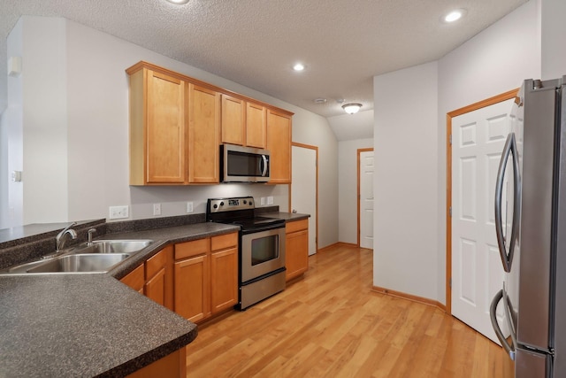 kitchen with kitchen peninsula, light wood-type flooring, a textured ceiling, stainless steel appliances, and sink