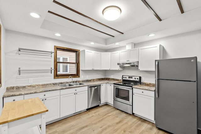 kitchen featuring white cabinetry, sink, light hardwood / wood-style flooring, and appliances with stainless steel finishes