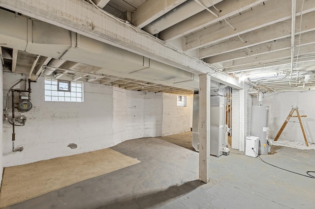 basement with heating unit and gas water heater