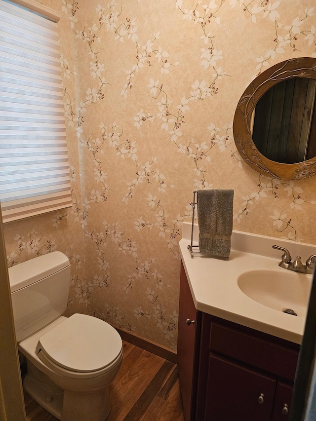 bathroom featuring vanity, hardwood / wood-style flooring, and toilet