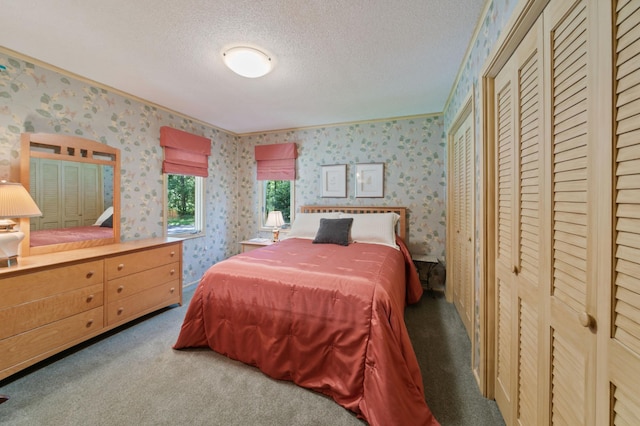 bedroom with a textured ceiling, carpet floors, and two closets