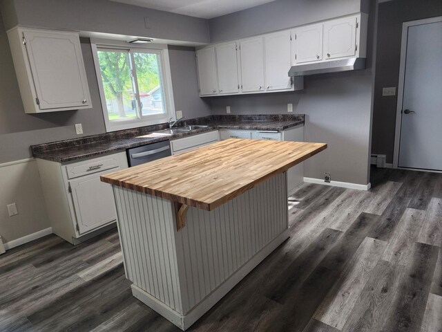 kitchen with dishwashing machine, butcher block counters, white cabinetry, and dark hardwood / wood-style flooring