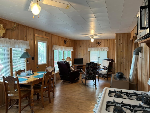 dining area featuring ceiling fan, wooden walls, and light hardwood / wood-style flooring