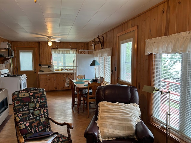 dining area with wood walls, ceiling fan, and wood-type flooring