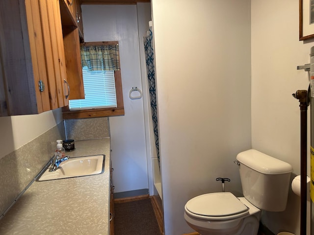 bathroom with vanity, toilet, and a shower with shower curtain