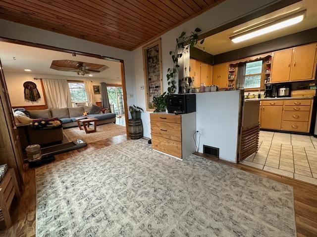 kitchen with wooden ceiling and ceiling fan