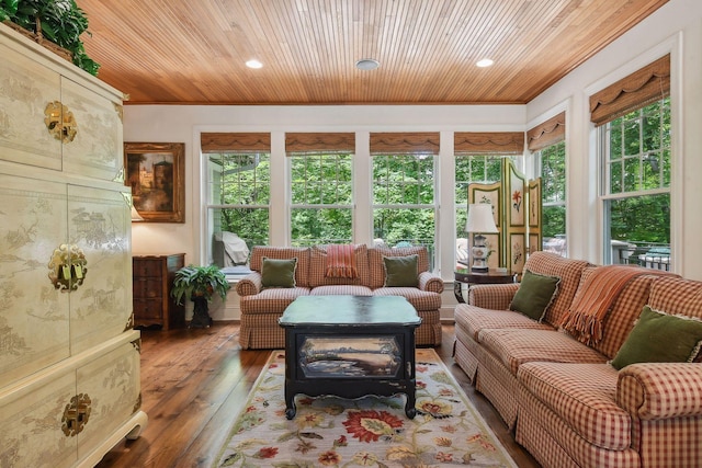 sunroom / solarium featuring wood ceiling