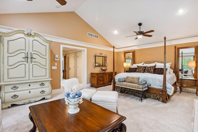 bedroom with high vaulted ceiling, ceiling fan, ornamental molding, and light carpet