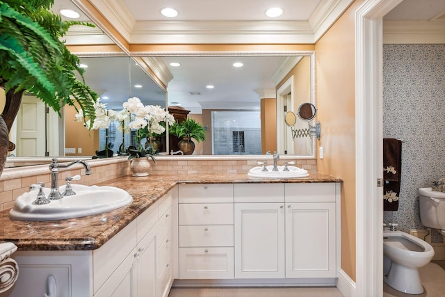 bathroom with crown molding, a bidet, an enclosed shower, and vanity