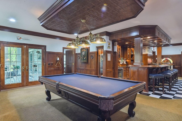 playroom featuring ornamental molding, pool table, light tile patterned flooring, and french doors