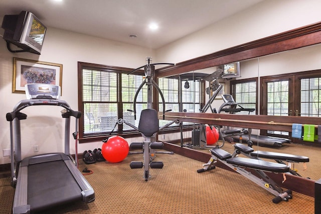 workout area featuring carpet floors and french doors