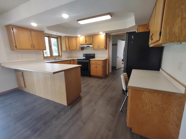 kitchen featuring light brown cabinetry, black appliances, a tray ceiling, dark hardwood / wood-style flooring, and kitchen peninsula