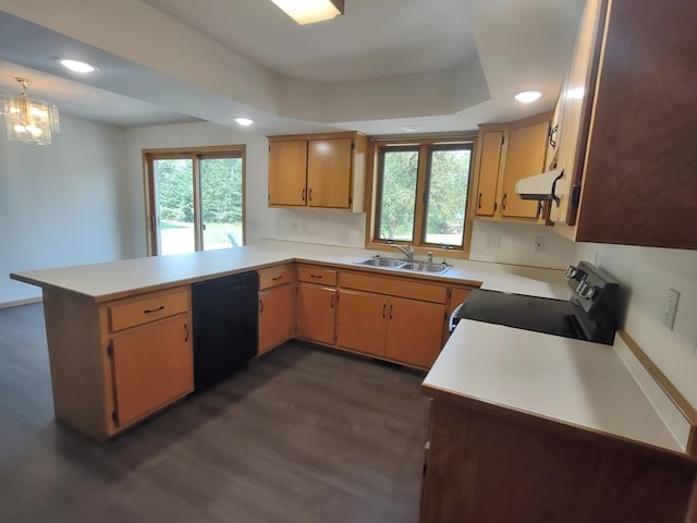 kitchen featuring kitchen peninsula, black dishwasher, exhaust hood, stainless steel range with electric stovetop, and sink