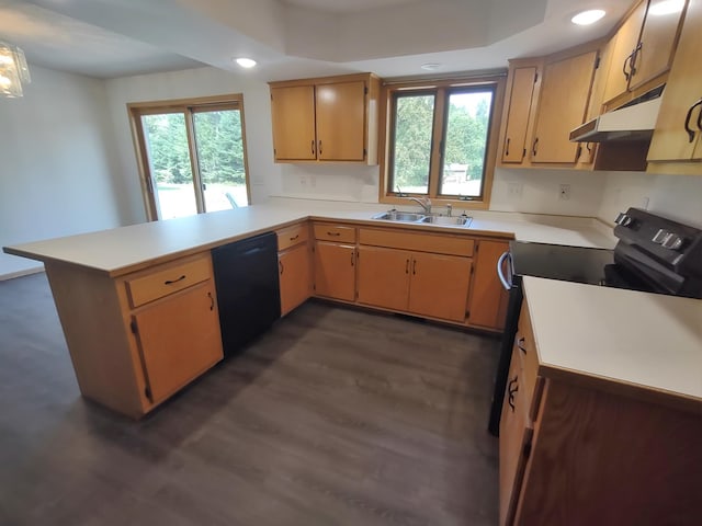 kitchen with dark hardwood / wood-style floors, kitchen peninsula, a tray ceiling, sink, and black appliances