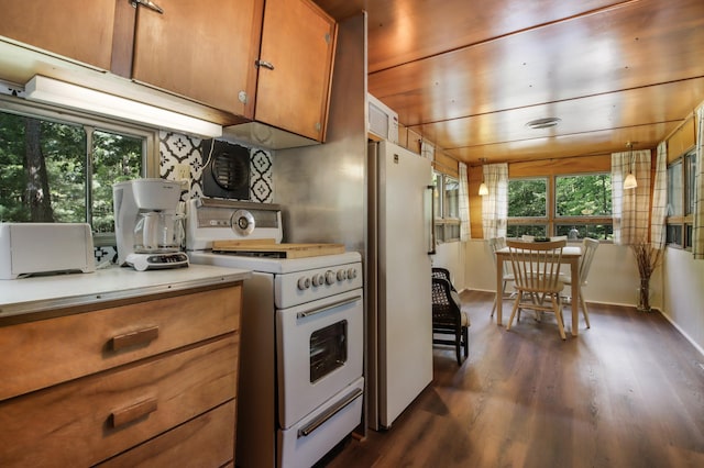 kitchen featuring white appliances, a wealth of natural light, and dark wood-type flooring