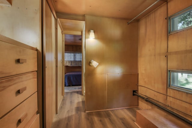 hallway with wood-type flooring and wooden walls