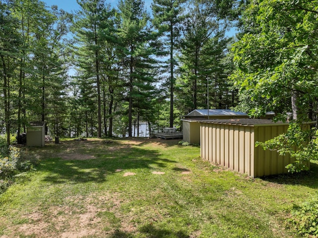 view of yard featuring a storage unit