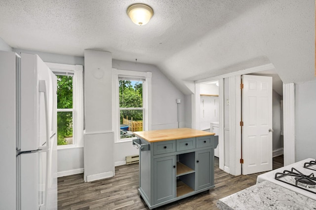 kitchen with wooden counters, dark hardwood / wood-style floors, white fridge, and a textured ceiling