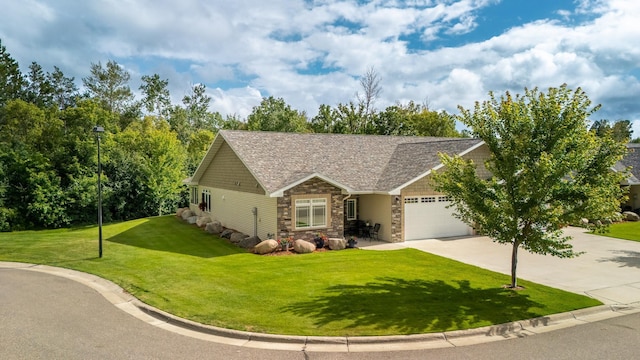 view of front of home with a shingled roof, an attached garage, a front yard, stone siding, and driveway