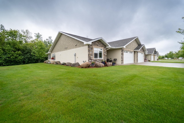 view of home's exterior with an attached garage, stone siding, a lawn, and concrete driveway