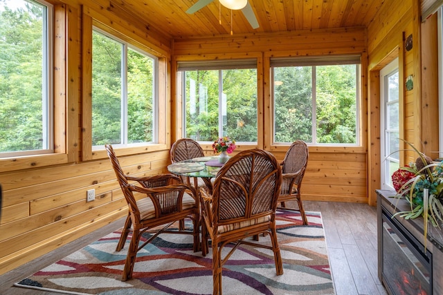 sunroom / solarium featuring wood ceiling and a ceiling fan