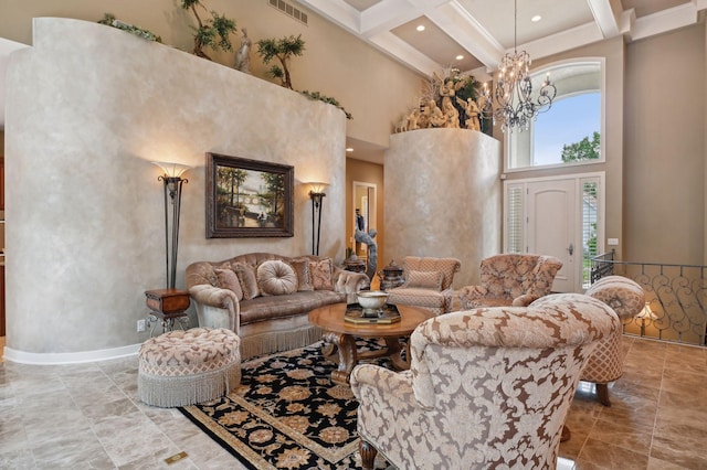 living room featuring coffered ceiling, a towering ceiling, a chandelier, and beamed ceiling