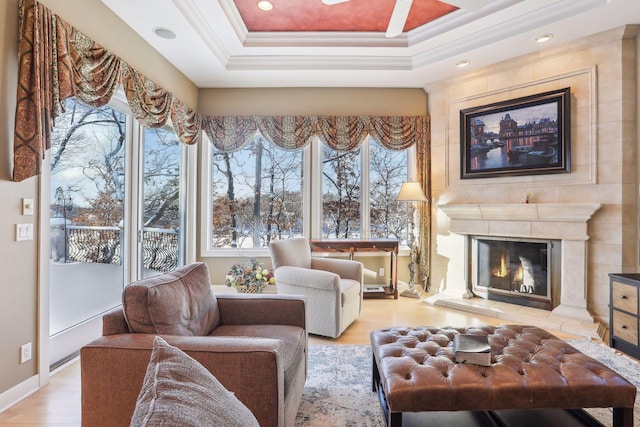 living area with crown molding, a tray ceiling, light hardwood / wood-style floors, and a large fireplace