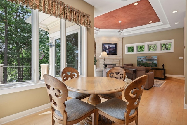 dining room with ceiling fan, light wood-type flooring, and a tray ceiling