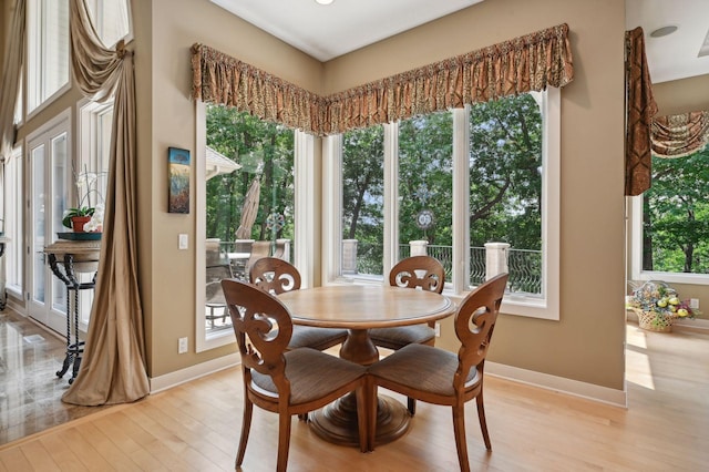 dining area with light hardwood / wood-style flooring and plenty of natural light