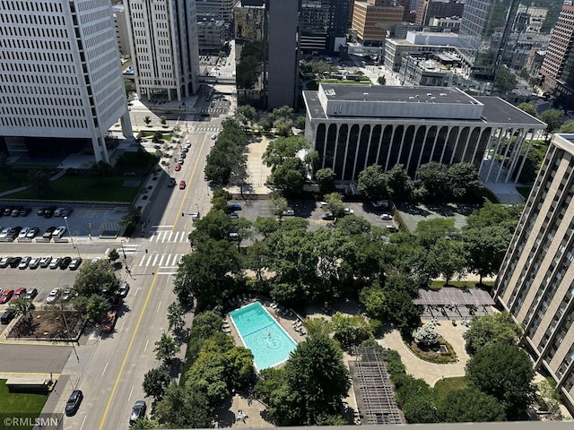 bird's eye view with a city view