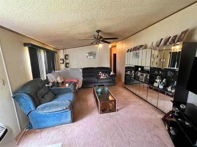 living room with a textured ceiling, carpet floors, and ceiling fan