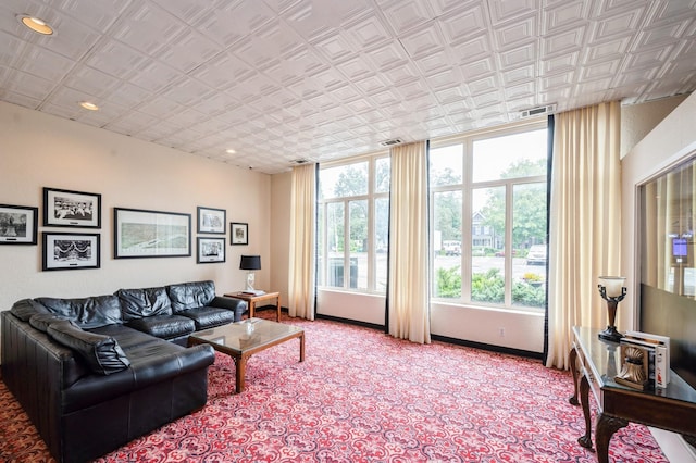 79 Western Ave N Unit 205, Saint Paul, MN 55102 - living room with carpet floors, an ornate ceiling, recessed lighting, and baseboards