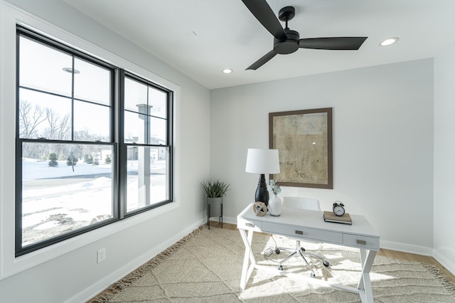 office featuring a ceiling fan, recessed lighting, and baseboards