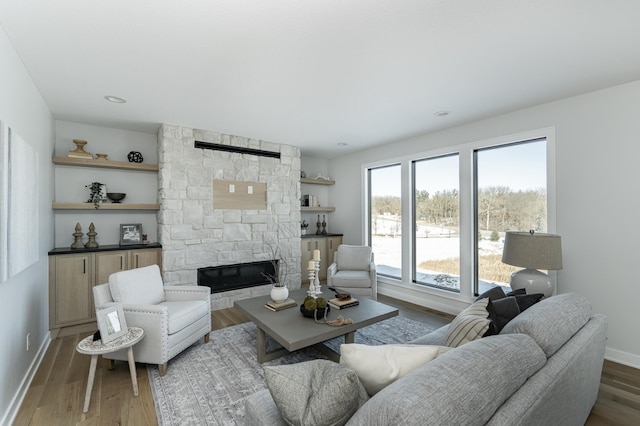 living room featuring a stone fireplace, wood finished floors, and baseboards