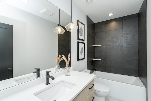 full bathroom featuring visible vents, toilet, bathtub / shower combination, vanity, and recessed lighting