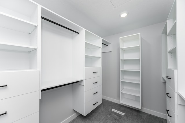 spacious closet featuring dark colored carpet