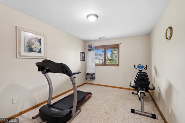 exercise area featuring light carpet