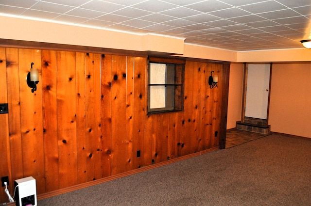 spare room featuring dark carpet and wooden walls