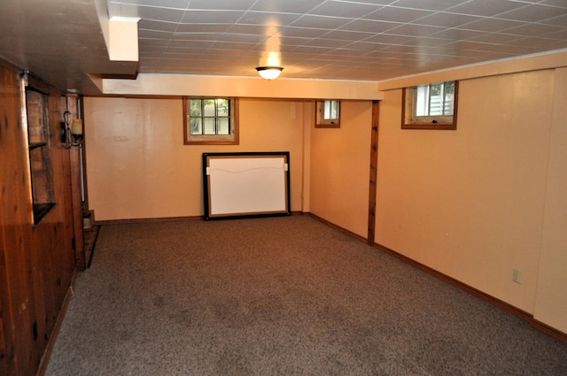 basement with dark colored carpet