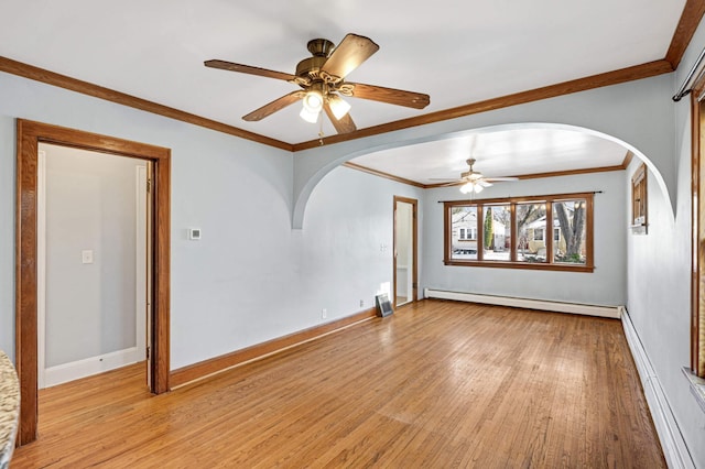 empty room featuring baseboard heating, ceiling fan, light hardwood / wood-style flooring, and crown molding