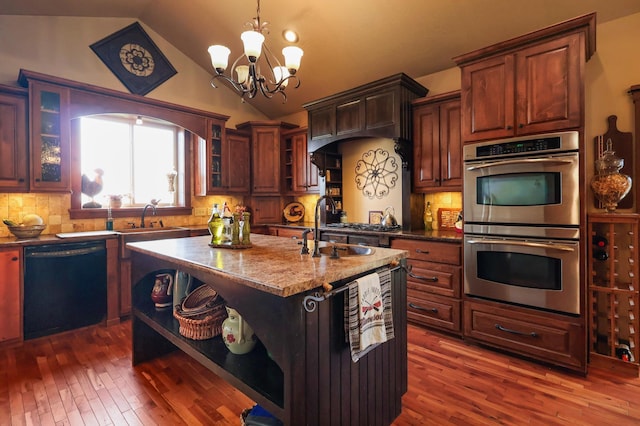 kitchen with dishwasher, glass insert cabinets, a kitchen island with sink, double oven, and open shelves