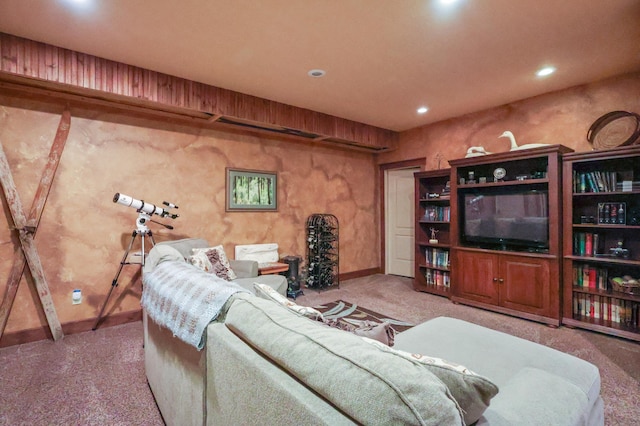 living room with carpet floors, baseboards, and recessed lighting