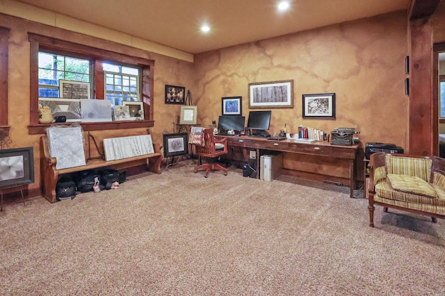 carpeted office featuring recessed lighting