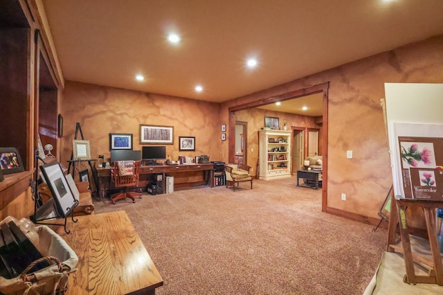 office space with recessed lighting and carpet