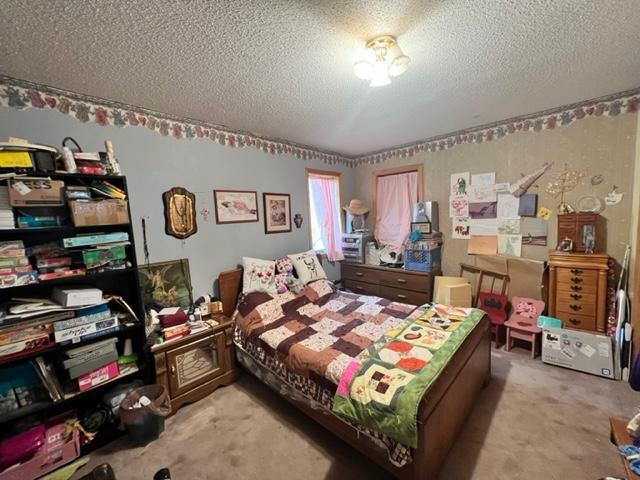 bedroom featuring a textured ceiling and light colored carpet