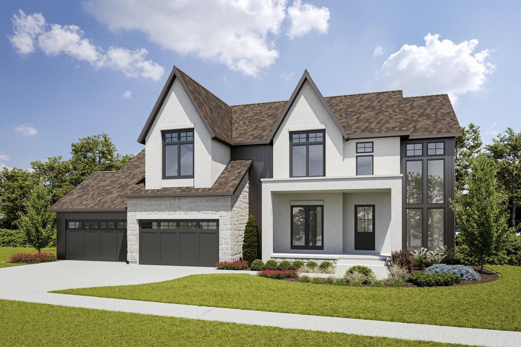 16382 46th Ct N, Plymouth, MN 55446 - modern farmhouse featuring concrete driveway, a shingled roof, a front yard, and stone siding