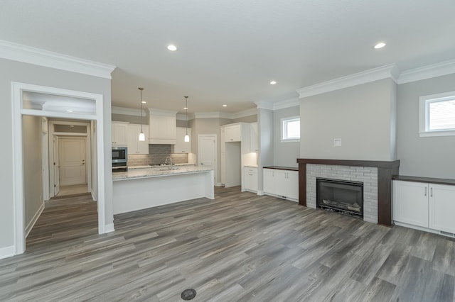 unfurnished living room featuring crown molding, light hardwood / wood-style floors, and a fireplace